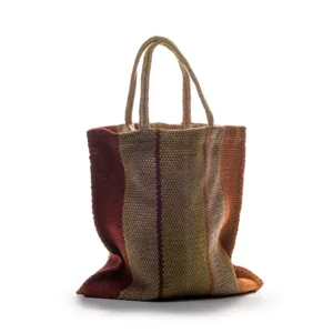 Woven tote bag with earthy striped pattern and handles