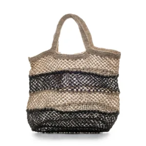 Striped mesh tote bag in beige and black colours