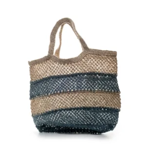 Striped mesh tote bag in beige and navy blue