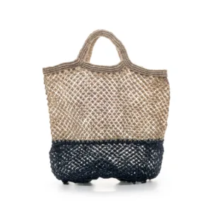Beige and black colour-block mesh tote bag with handles