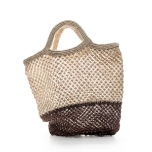 Beige and brown open-weave mesh tote bag with handles
