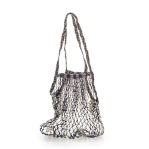 Navy and beige crocheted mesh shoulder bag with long handles