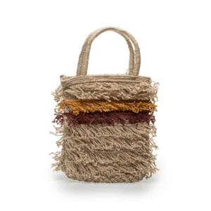 Natural woven straw tote bag with coloured fringe stripes
