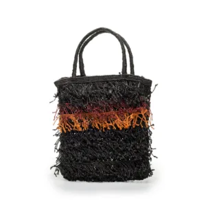 Black textured tote bag with colourful striped embellishments