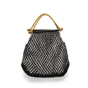Black mesh handbag with wooden bamboo handles