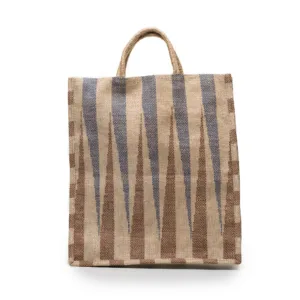Striped woven jute tote bag with handles