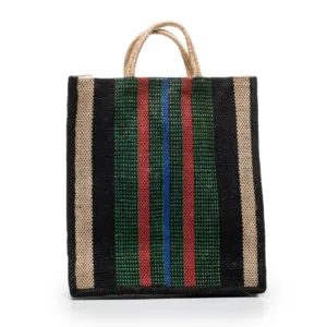 Woven tote bag with striped pattern and rope handles