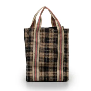 Black and beige plaid woven tote bag with striped handles