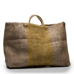 Woven straw tote bag with golden yellow and neutral stripe