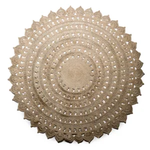 Ornate beige crocheted circular doily with leaf pattern