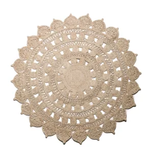 Beige crocheted circular doily with intricate lace pattern