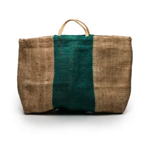 Woven jute tote bag with teal stripe detail