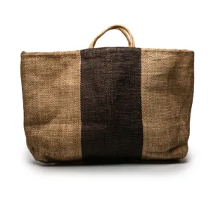 Natural woven tote bag with dark central stripe detail