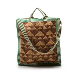 Green and brown woven tote bag with diamond pattern