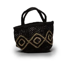 Black woven tote bag with gold geometric pattern detail
